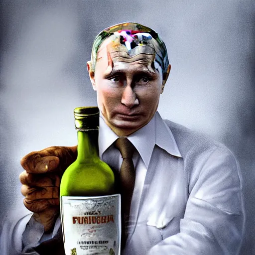Image similar to putin holding a bottle of alcohol named arak, cinematic, beautiful digital painting, hyper detailed
