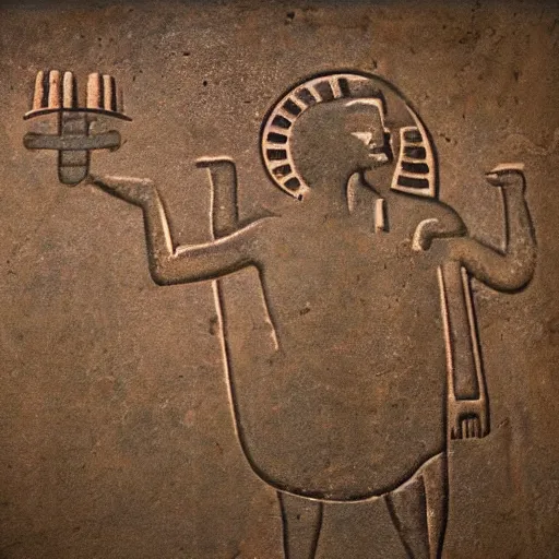 Prompt: ancient hieroglyphs of a fat man worshipping pie