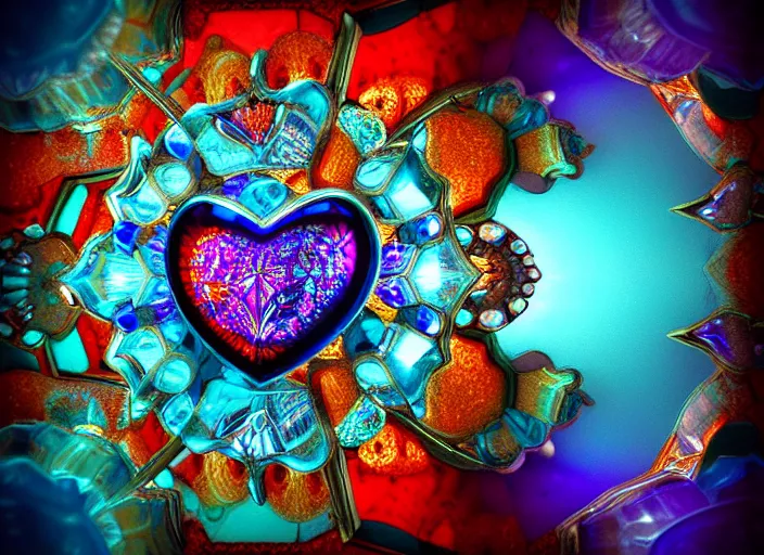 Prompt: intricate crystal glass centered symmetrical heart with multicolored gems, jellyfish, glass, ice. by casey baugh, by rembrandt, mandelbulb 3 d, turquoise rust, stained glass, unreal engine, volumetric lightning