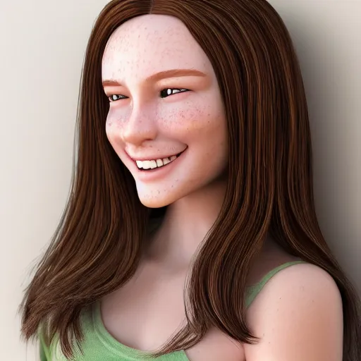 Prompt: Render of April, a cute 3D young woman, long shiny bronze brown hair, full round face, green eyes, medium skin tone, light cute freckles, light blush, smiling softly, wearing casual clothing, interior lighting, cozy living room background, medium shot, mid-shot, hyperdetailed, hyperreal, trending on Artstation, Unreal Engine 8k,