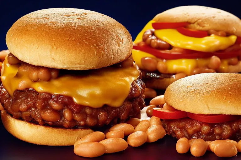 Prompt: mcdonalds baked beans burger, ( ( patty ) ), commercial photograph