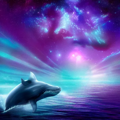 Prompt: portrait of whale swimming on a night sky, swimming across the universe, nebulae, purple and blue, galaxies, oniric, dreamy, beautiful, highly detailed, cinematic, trending on artstation