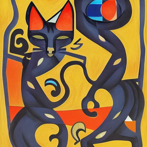Image similar to A highly stylized conceptual art 4k shaded, finely detailed, matte illustration with intricate patterns of two abstract expressionist cats , their bodies intertwined together in the style of cubism Juan Gris