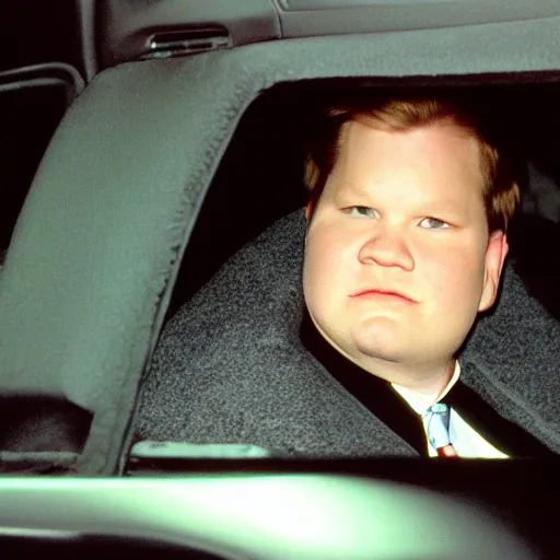 Image similar to 1 9 9 8 andy richter wearing a black wool coat and necktie in his car driving through the streets of chicago at night, point of view from back seat of car, warm, cozy, safe atmosphere