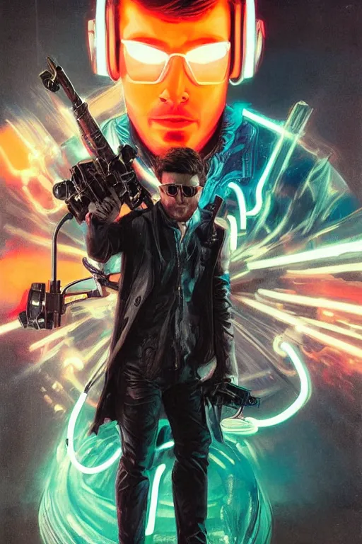 Prompt: a detailed full bodied marble sculpture of jensen ackles as time traveler stepping out of a futuristic neon colored car, holding a grenade launcher, wearing glowing neon shuttered 1 9 8 0 s glasses!!!!, synthwave style, aetherpunk, masterpiece, 8 k, art by greg rutkowski and albert bierstadt and arthur rackham and alphones mucha