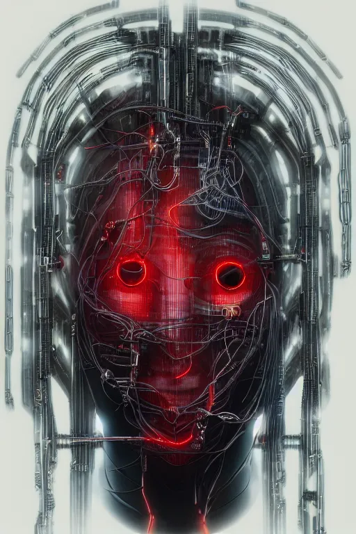 Image similar to head and shoulders render of man cyberpunk face ((single_glowing_red_eye red_emissives!)) android face mecha, inhuman creepy intimidating, exposed cable bundle. intricate wiring and black circuit board detailed. Tom Bagshaw and Greg Rutkowski and Alphonse Mucha Bladerunner 2049 artstation trending 165mm