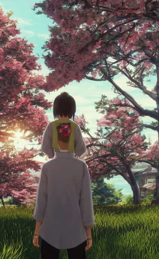 Image similar to anime style, gta 5, panoramic view of girl, centered, yukata clothing, sakura tree in background, ponytail short hair, hair down, symmetrical facial features, from arknights, hyper realistic, extreme detail, volumetric lights, 4 k drawing, safebooru, realistic lighting, by alphonse mucha, greg rutkowski, sharp focus, backlit