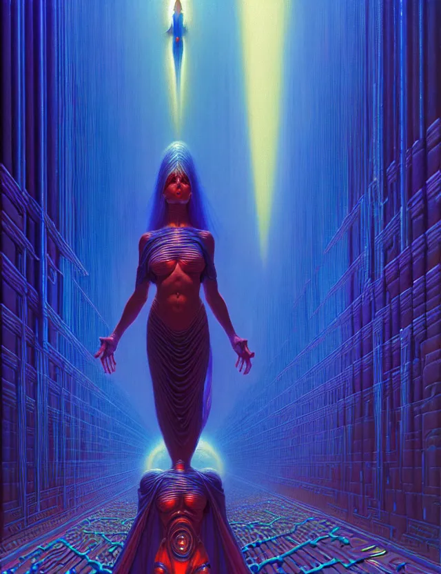 Prompt: blue light goddess jacked into the matrix, tim hildebrandt, wayne barlowe, bruce pennington, donato giancola, trending on artstation, cinematic composition, beautiful lighting, hyper detailed, 8 k, oil on canvas