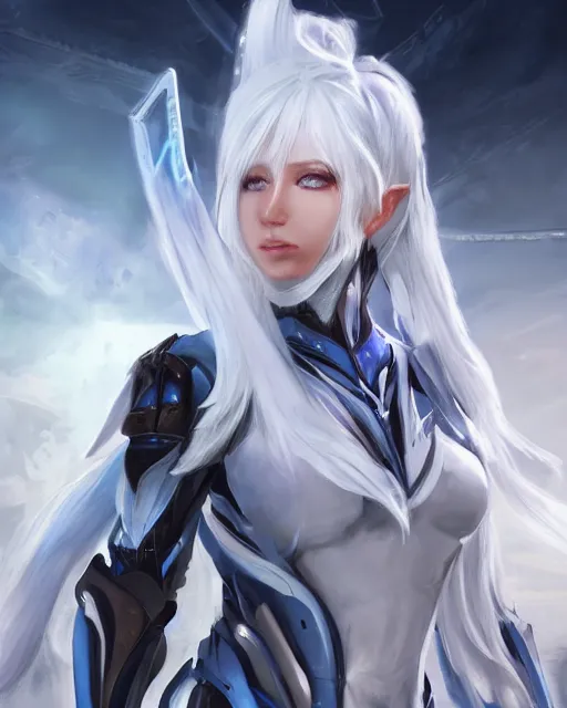 Image similar to perfect white haired girl, warframe armor, beautiful, dreamy, pretty face, blue eyes, portrait, detailed, scifi, utopian architecture in the background, laboratory, 4 k, ultra realistic, aura of light, cinematic, high detail, masterpiece, art by akihito tsukushi, akasuki brightmind