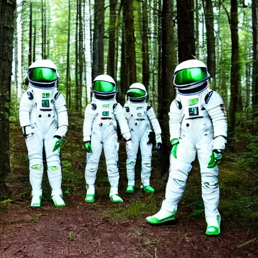 Prompt: a squad of space scouts wearing white and green space suits exploring a forest planet