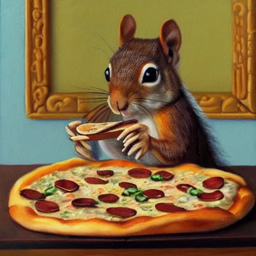 Image similar to a painting of a squirrel in kimono eating pizza in baroque style