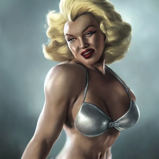 Prompt: detailed portrait of marilyn monroe as a female bodybuilder zarya from overwatch, attractive, beautiful, fantasy, intricate, elegant, highly detailed, digital painting, artstation, concept art, matte, sharp focus, illustration, art by aenaluck, artgerm and roberto ferri and greg rutkowski, epic fantasy, digital painting