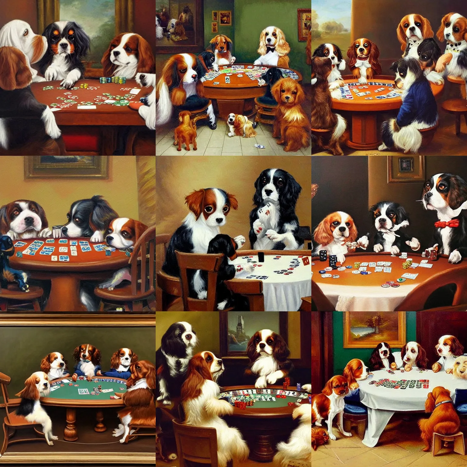 Prompt: Oil painting, Dogs playing poker, Cavalier King Charles Spaniel