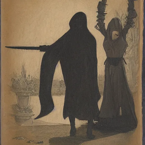 Prompt: Female assassin in dark robes, face obscure, reaper