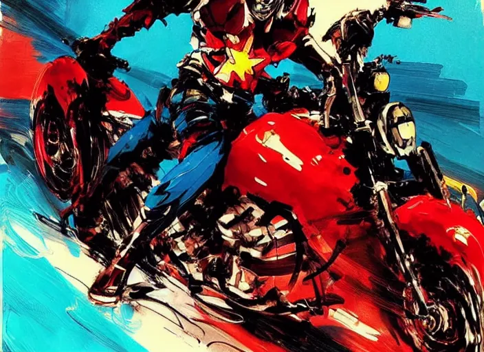 Image similar to anime key visual concept art of marvel ghost rider, riding a red akira motorcycle, by ashley wood, yoji shinkawa, jamie hewlett, 6 0's french movie poster, french impressionism, vivid colors, palette knife and brush strokes, style of kawacy and makoto shinkai and greg rutkowski