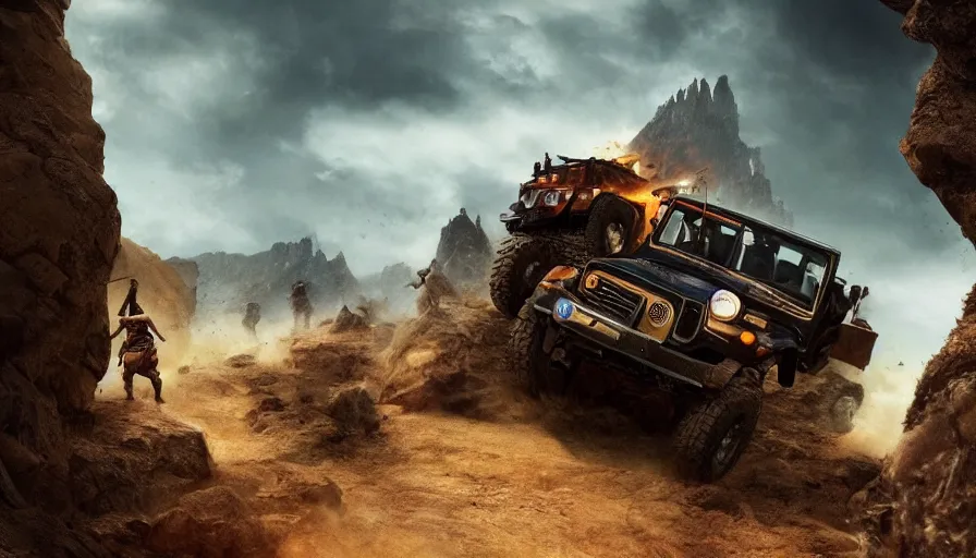 Image similar to Mahindra thar, tribe members attacking, action scene, an epic fantasy, dramatic lighting, cinematic, establishing shot, extremely high detail, photorealistic, cinematic lighting, artstation, by christopher nolan, horizon forbidden west