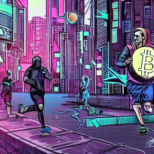 Image similar to people running away from cryptocurrency scared, cyberpunk art