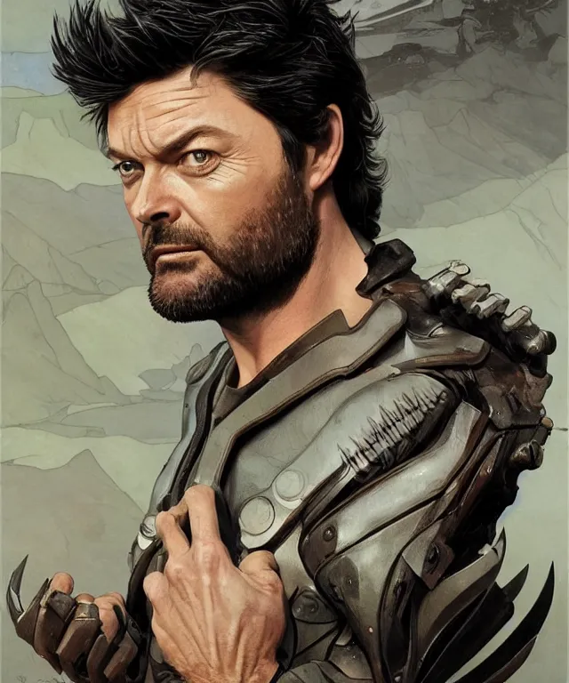 Image similar to Karl Urban as Wolverine, highly detailed, digital painting, artstation, concept art, smooth, sharp focus, illustration, ArtStation, art by artgerm and greg rutkowski and alphonse mucha and J. C. Leyendecker and Edmund Blair Leighton and Katsuhiro Otomo and Geof Darrow and Phil hale and Ashley wood and Ilya repin and Charlie Bowater