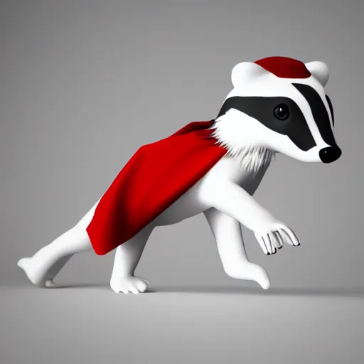 Image similar to a humanoid friendly badger on white background, he‘s running towards the camera, he‘s wearing a very small red neckerchief, digital render