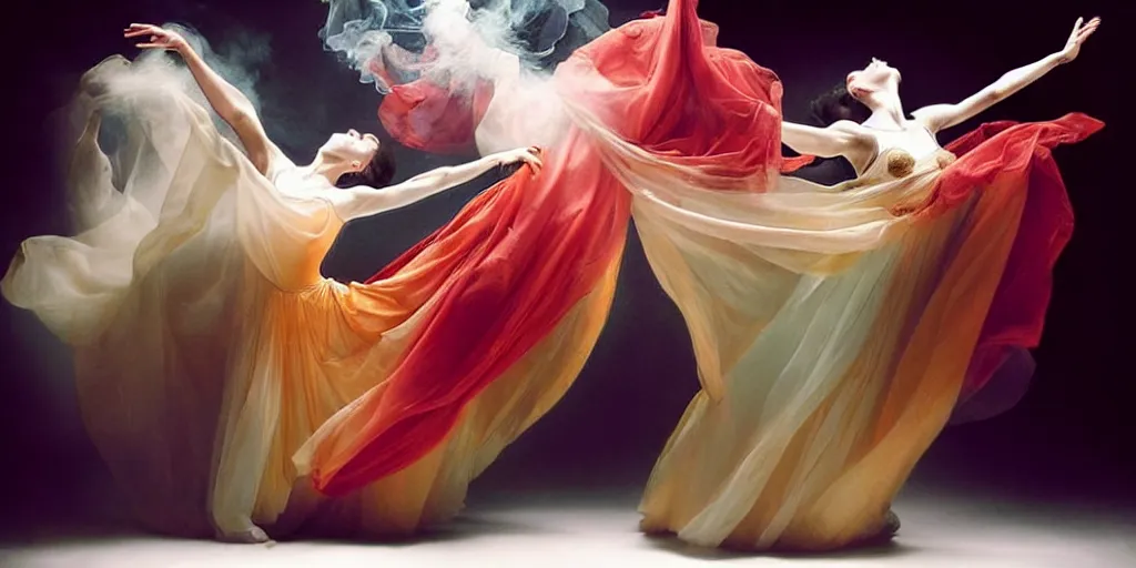 Prompt: realistic photography of dancers with long gorgeous clothes , renaissance epic scene . Fluidity, elegance, beauty, colorful smoke in the stage. high details. by CHRISTY LEE ROGERS