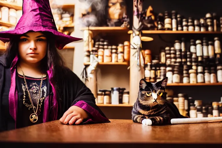 Image similar to 2 0 2 2 photo, close up portrait, dramatic lighting, concentration, calm confident hispanic teen witch and her cat, tarot cards displayed on the table in front of her, sage smoke, magic wand, a witch hat and cape, apothecary shelves in the background, alphonse mucha