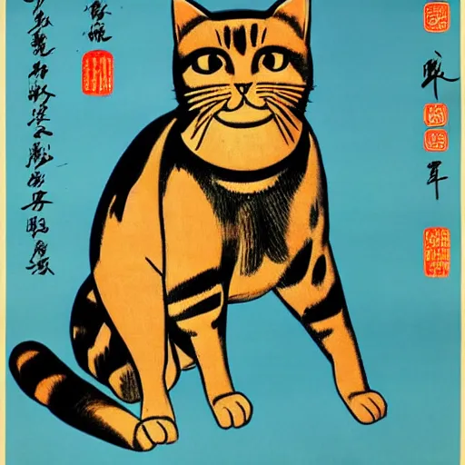 Image similar to chinese propaganda poster with a cat as the centerpiece