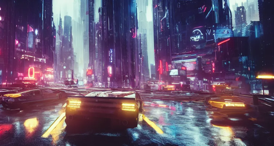 Image similar to An epic, distopian cityscape with many cars in the style of bladerunner with a blond man in a suit in the center and another man in a Trenchcoat talking to hin in secret, unreal 5, DAZ, hyperrealistic, octane render, volumetric clouds, dynamic lighting