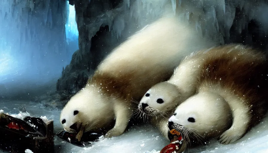 Image similar to highly detailed closeup painting of cute furry white baby seals eating fish inside a snowy fantasy ice crystal cavern by william turner, by greg rutkowski, by william constable, thick brush strokes and visible paint layers, 4 k resolution