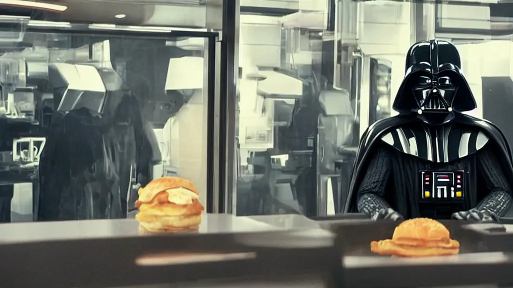 Image similar to Darth Vader!! working at a Mcdonalds!! Drive through, film still from the movie directed by Denis Villeneuve with art direction by Salvador Dalí, wide lens