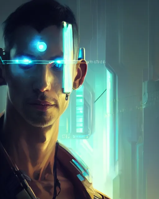 Image similar to cyberpunk male portrait, handsome, sci fi, cyborg, gears, complex 3 d render by peter mohrbacher, ilya kuvshinov, greg rutkowski, ryohei hase, dramatic lighting, intricate, highly detailed, sharp focus, luminous, unreal engine, blender, artstation, masterpiece, ray tracing