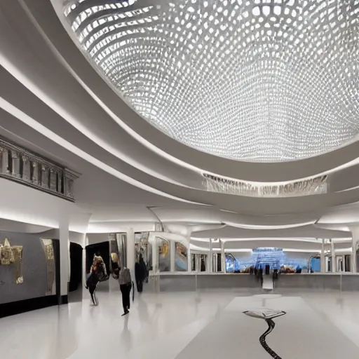 Image similar to extremely detailed ornate stunning beautiful elegant futuristic museum lobby interior by Zaha Hadid