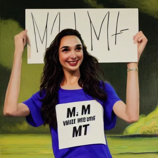 Image similar to Gal Gadot holding a sign that says M I T C H I E P O O !!!! as painted by Ralph Horsley