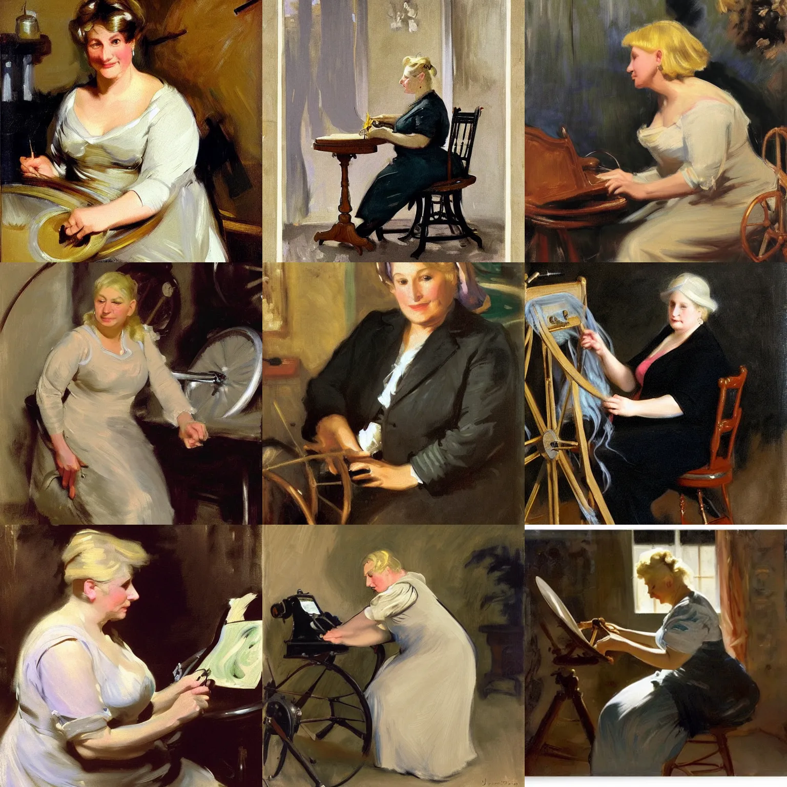 Prompt: A 50 year old woman with blonde hair, slightly chubby, who looks like Barbara Streisand is spinning yarn on a spinning wheel, by john singer sargent