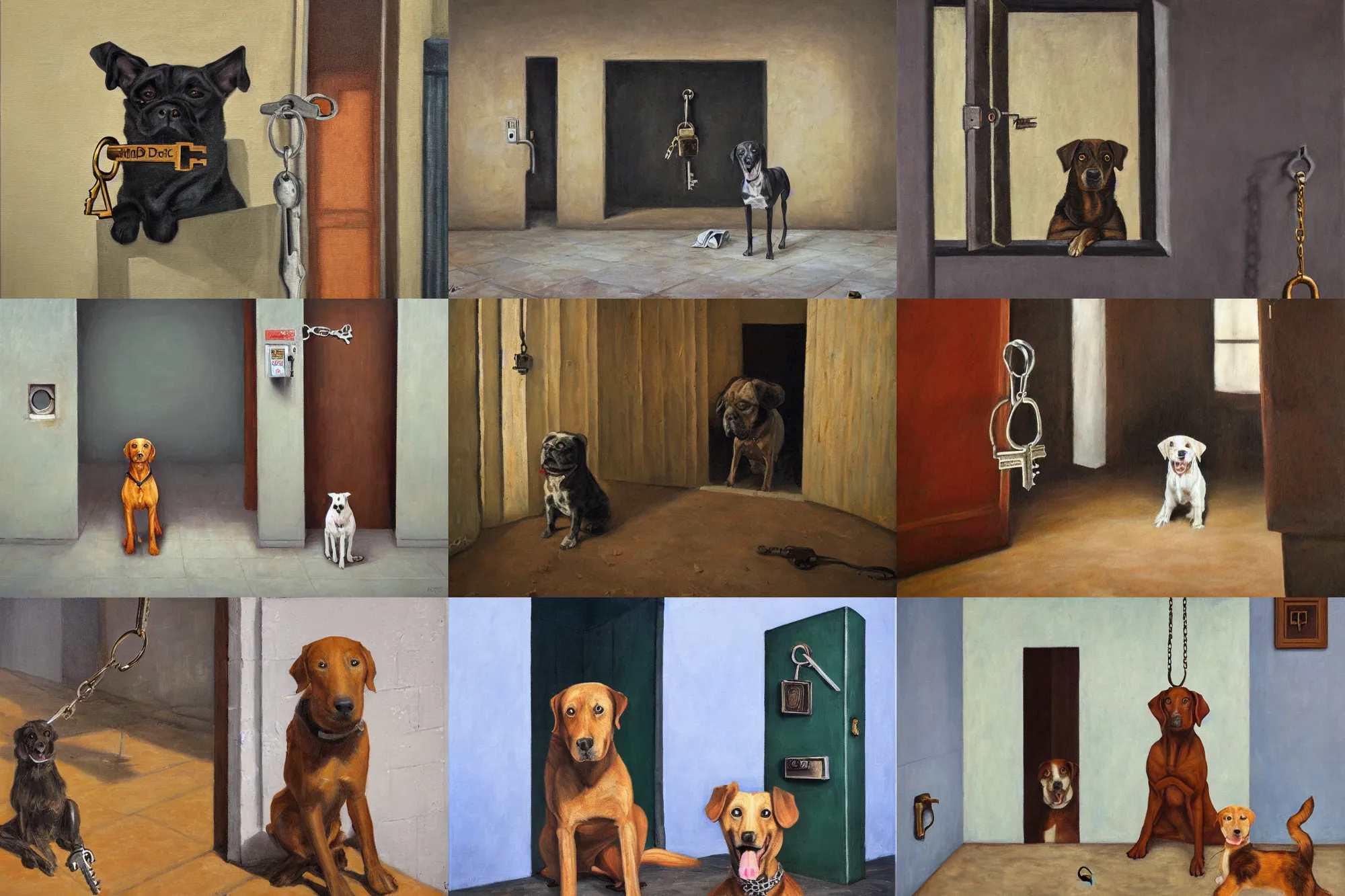 Prompt: one dog holding a key in front of prison cell, wide angle, realism, old painting, oil painting, oil in canvas