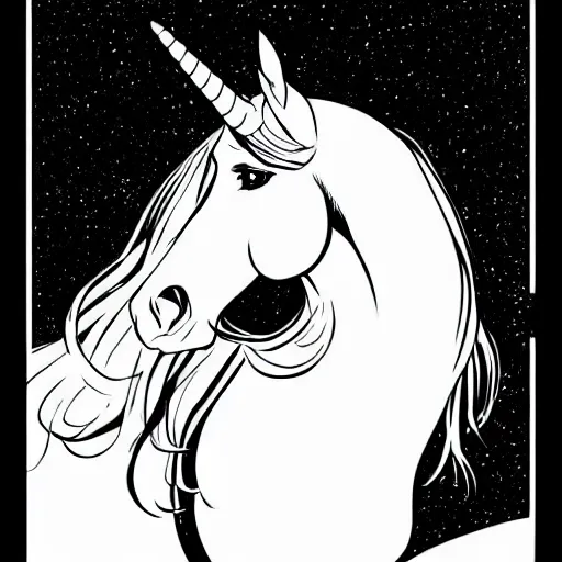 Image similar to clean simple line art of a beautiful elegant unicorn. white background. well composed, clean black and white line drawing, beautiful detailed face. illustration by steve ditko and jack kirby and greg rutkowski
