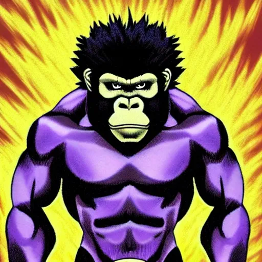 Prompt: a super sayan gorilla collects metallic purple rings