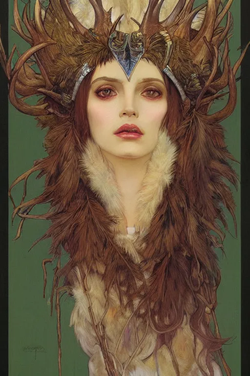 Image similar to a detailed portrait of a green haired brown eyed queen of feathers with an antler crown by wayne barlowe and mucha