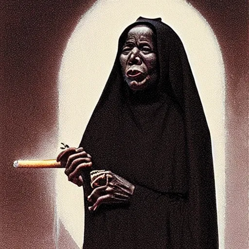 Image similar to a black nun wearing shiny jewelry, she's smoking a cigar and puffing smoke, by Beksinski, star-shaped lens flare