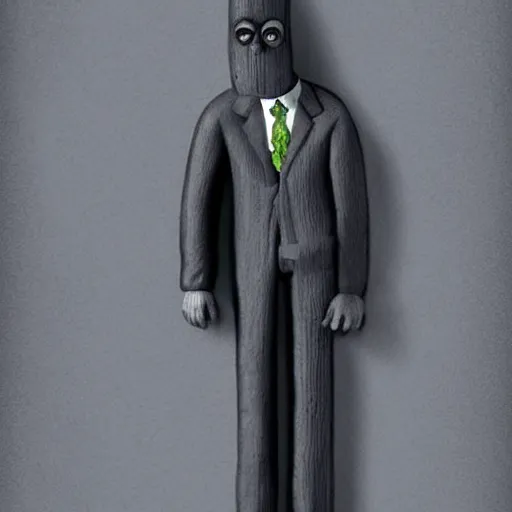 Prompt: a tall man in a suit, the man is made out of pickles, surreal, highly detailed