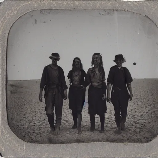 Image similar to group of worn down youths walking through nevada desert, carrying bindles, 2 0 3 7 tintype photograph