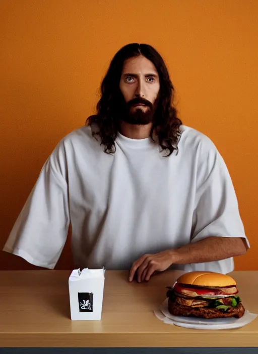 Prompt: still of jesus christ in mcdonalds, canon eos c 3 0 0, ƒ 1. 8, 3 5 mm, 8 k, medium - format print,