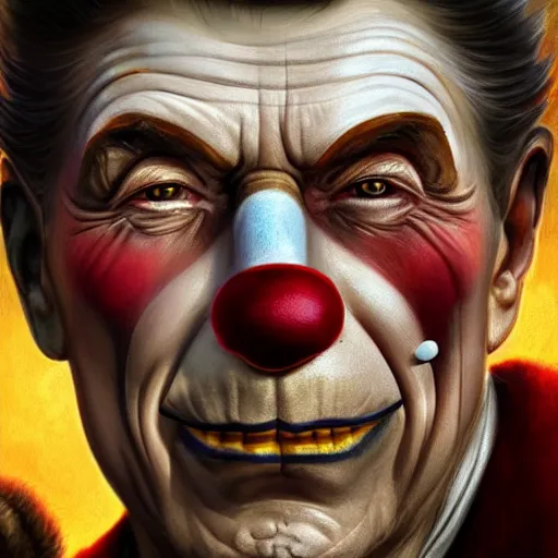 Image similar to Ronald Reagan in clown makeup, closeup, D&D, fantasy, intricate, elegant, highly detailed, digital painting, artstation, concept art, matte, sharp focus, illustration, hearthstone, art by Artgerm and Greg Rutkowski and Alphonse Mucha