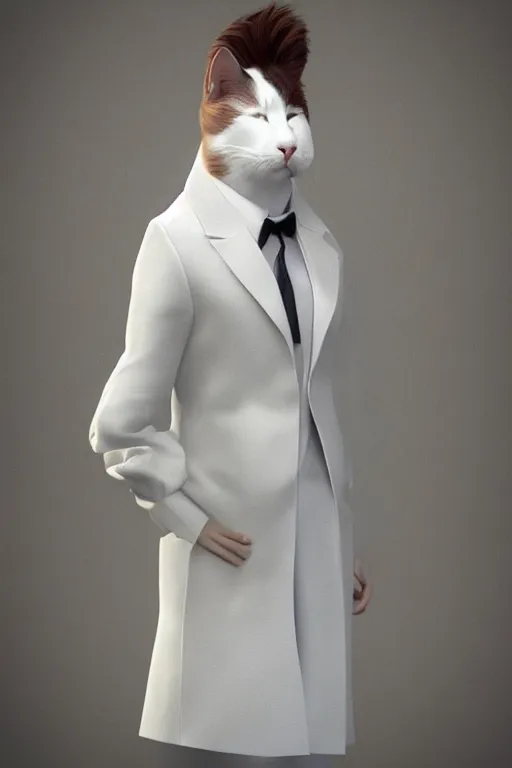 Prompt: a white cat wearing a formal overcoat, hyperrealistic, concept art, octane render, unreal engine 5, trending on DeviantArt, highly detailed, high quality, 8K, soft lighting, cute, natural lighting, realistic face, trending on Artstation, elegant clothes, profile picture, path traced, house background
