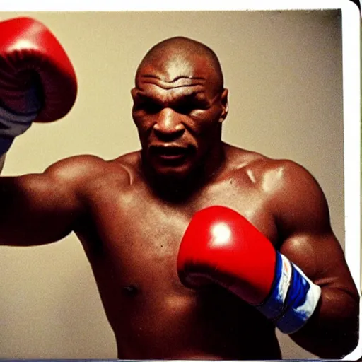 Image similar to polaroid image of mike tyson fighting an alien xenopmorph in a boxing ring