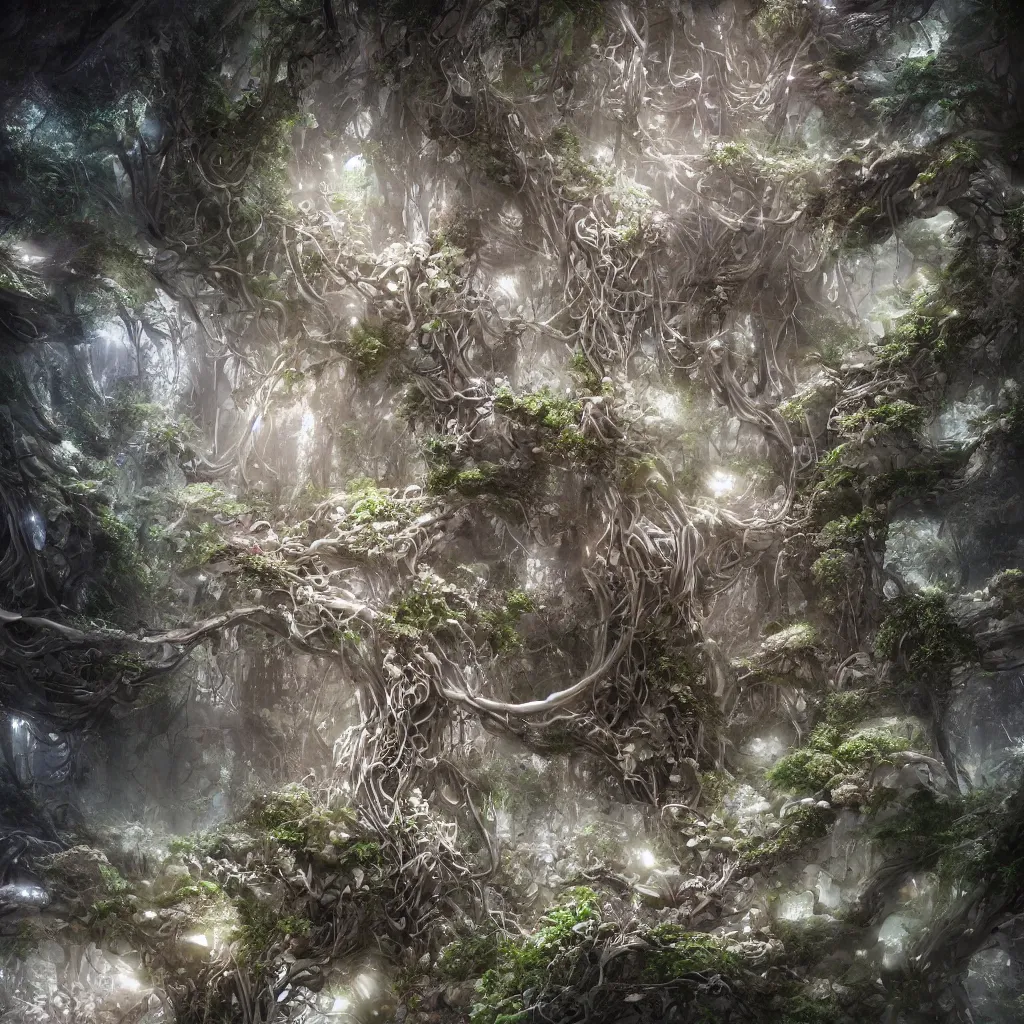 Image similar to biocomputer heart organ intertwined with white biocomputer flowers in a biomechanical cave forest, intricate environment, matte painting, diffused lighting, highly detailed cinematic, atmosphere, diffused lighting, highly detailed digital art, trending on artstation, depth of field, wide angle