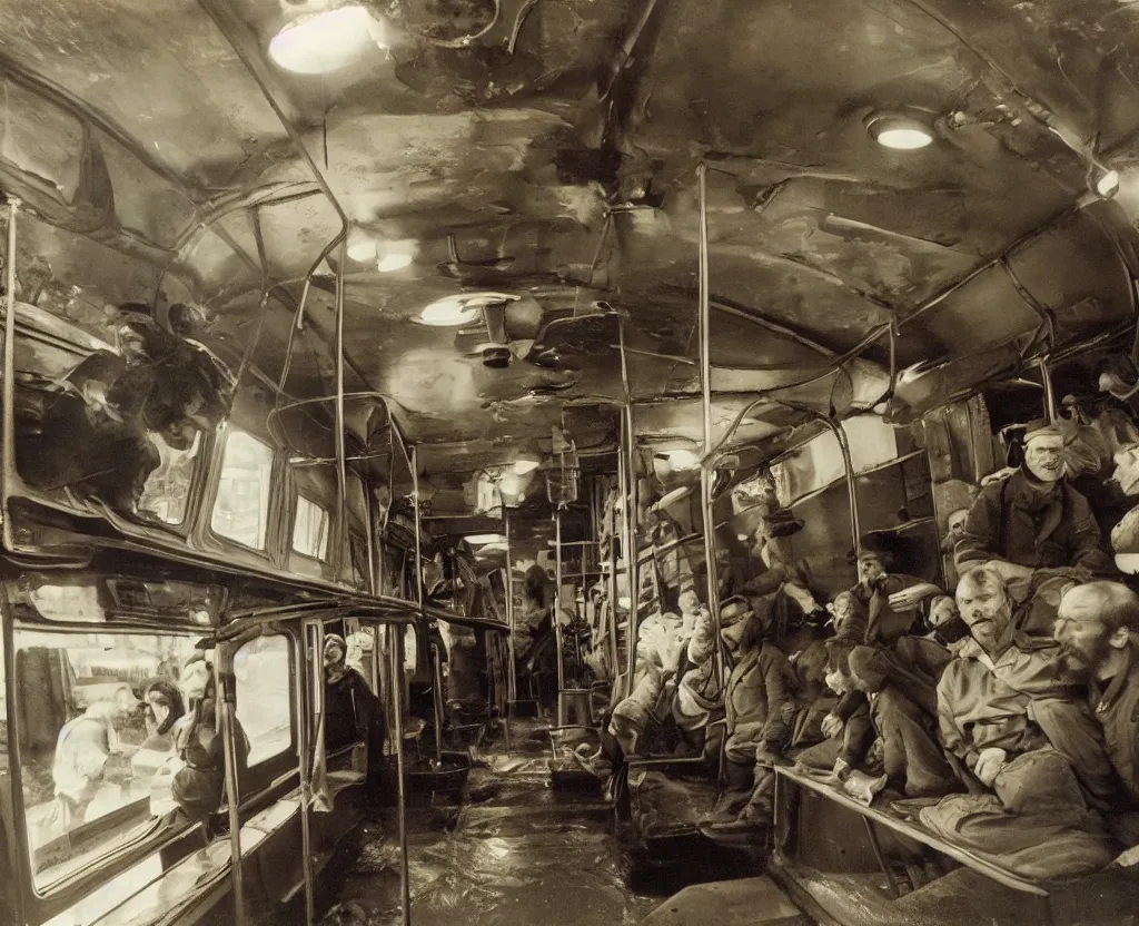 Prompt: Photo from inside the metro wagon, in the center of the frame stands one calm man up to his chest in water and looks at the camera. Metro wagon is half flooded. Warm lighting, old color photo, USSR, extremely detailed, 8k, colorful