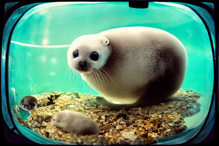 Prompt: “baby harp seals living in a terrarium, set in a mildly run down condo, 1996, photo, fish eye lens”