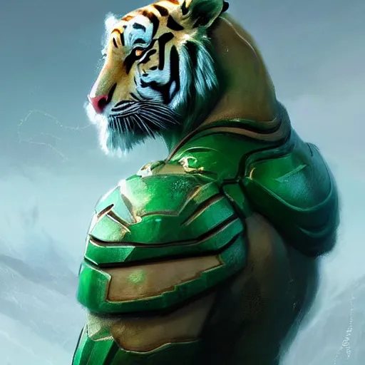 Prompt: a beautfiul award winning commission of a albino tiger wearing emerald armour,digital art,detailed face,art by greg rutkowski,ross tran,artgerm,character deisgn by charles bowater,artstation,deviantart,aesthetic,relaxing atmosphere