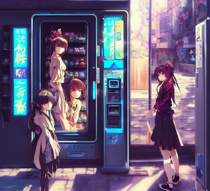 Image similar to Two beautiful anime girls, standing in front of a vending machine outside of a Japanese convenience store, in narrow Tokyo alleyway, gorgeous sunlight and shadows, D&D, fantasy, highly detailed, digital painting, artstation, concept art, sharp focus, illustration, in style of GUWEIZ and WLOP and NIXEU and Craig Mullins, Production I.G.