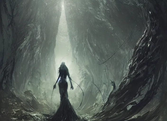 Image similar to my bed giant girl cthulhu in the dark forest greg rutkowski, yoji shinkawa, yoshitaka amano, tsutomu niehi, moebius, donato giancola, geoffroy thoorens, concept art, trending on artstation, featured on pixiv, cinematic composition, 8 k